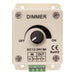 Moss LED single channel rotary dimmer front view showing black knob with OFF and ON markings DC 12-24V 8A with green screw terminal block V- V+ input output on white background