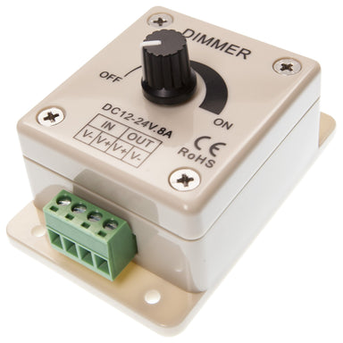 Moss LED single channel rotary dimmer isometric view showing green screw terminal block mounting holes and rotary knob DC 12-24V 8A LED strip light dimmer