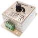 Moss LED single channel rotary dimmer isometric view showing green screw terminal block mounting holes and rotary knob DC 12-24V 8A LED strip light dimmer