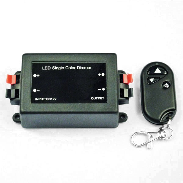 Moss LED single channel wireless dimmer LED single color controller with wireless keychain remote control DC 12V input red push terminals and output on white background