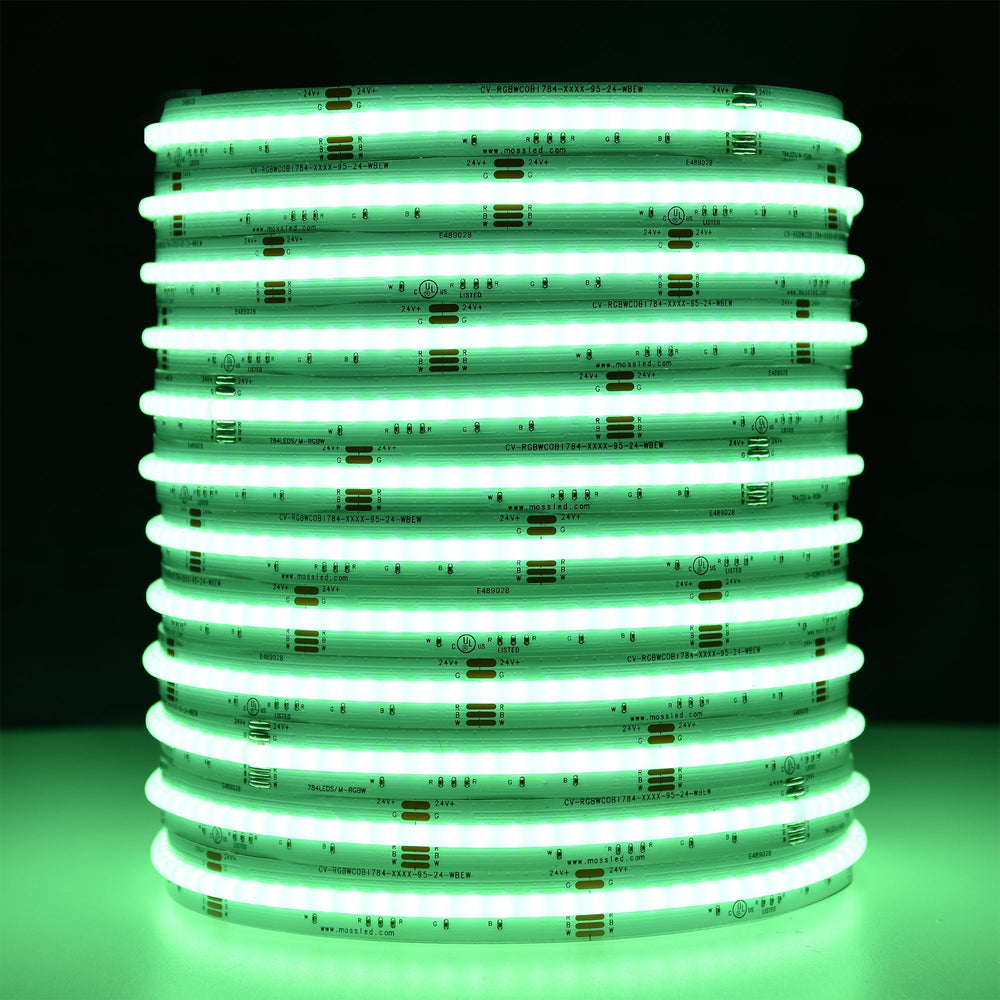 Moss LED SoftFLEX LED 784 RGBW 24V COB chip-on-board LED strip coiled reel illuminated with green light on dark background