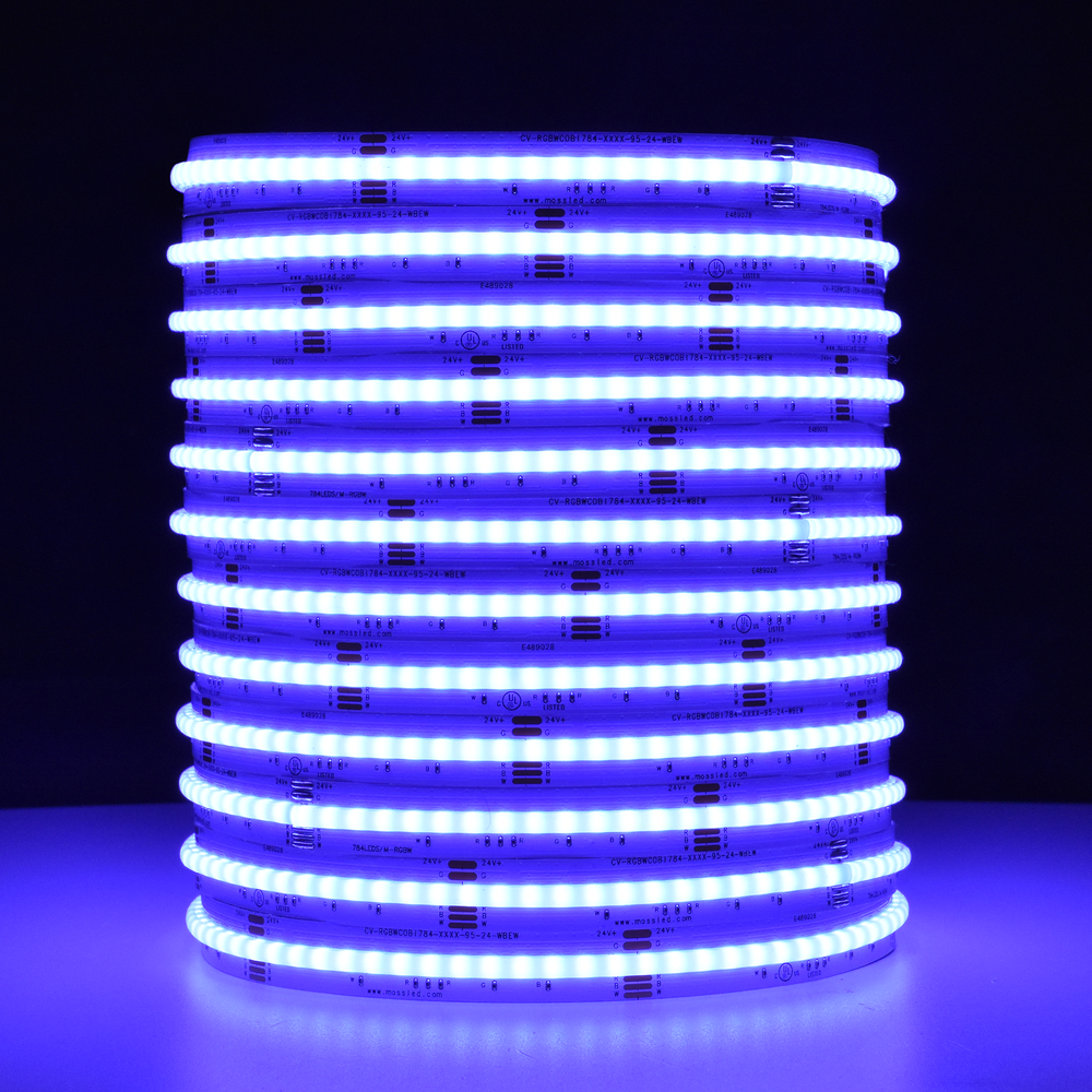 Moss LED SoftFLEX LED 784 RGBW 24V COB chip-on-board LED strip coiled reel illuminated with purple-blue light on dark background