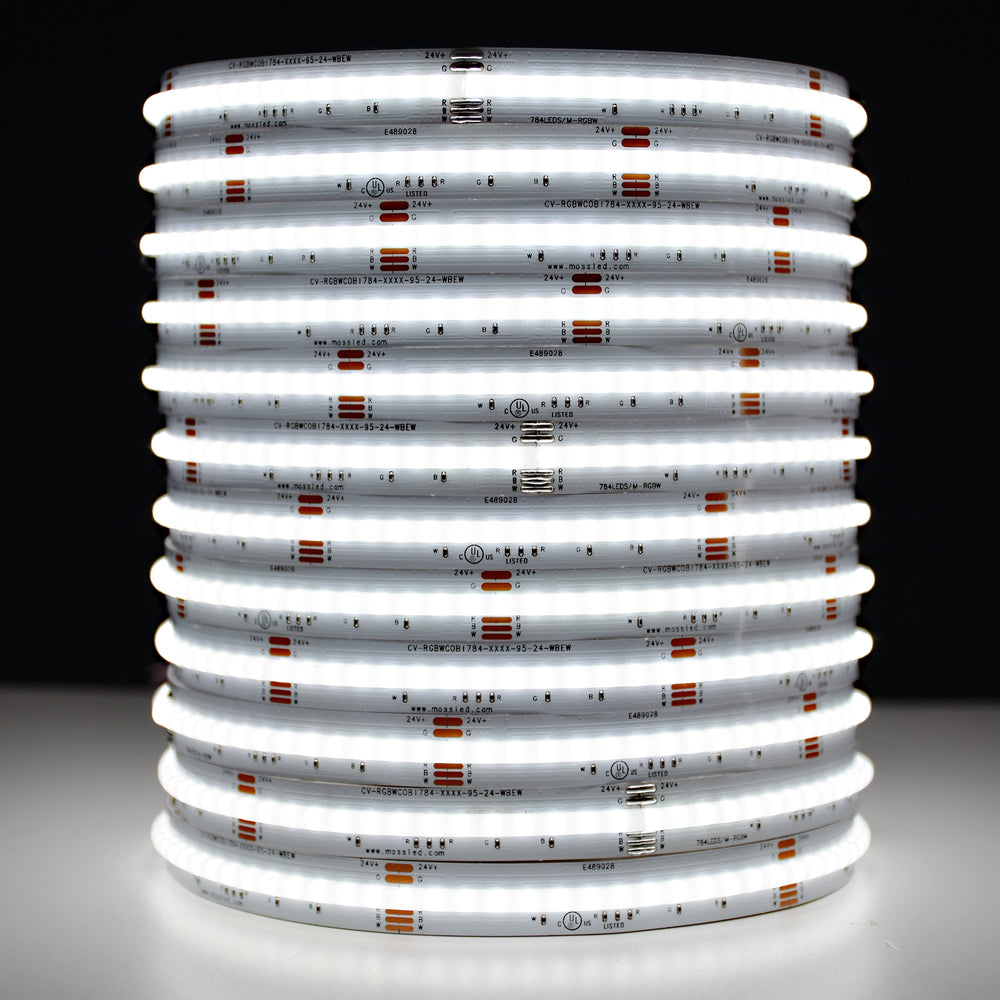 Moss LED SoftFLEX LED 784 RGBW 24V COB chip-on-board LED strip coiled reel illuminated with bright white light on dark background