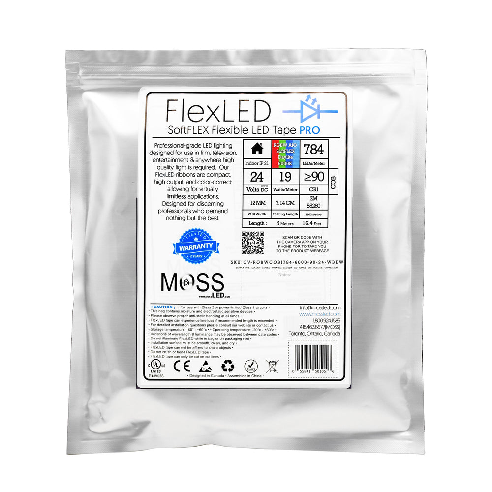 Moss LED SoftFLEX LED 784 RGBW 24V COB LED strip retail packaging bag showing product label with 784 LEDs per meter, 24V, 19W/m, CRI 90, 5 meter reel