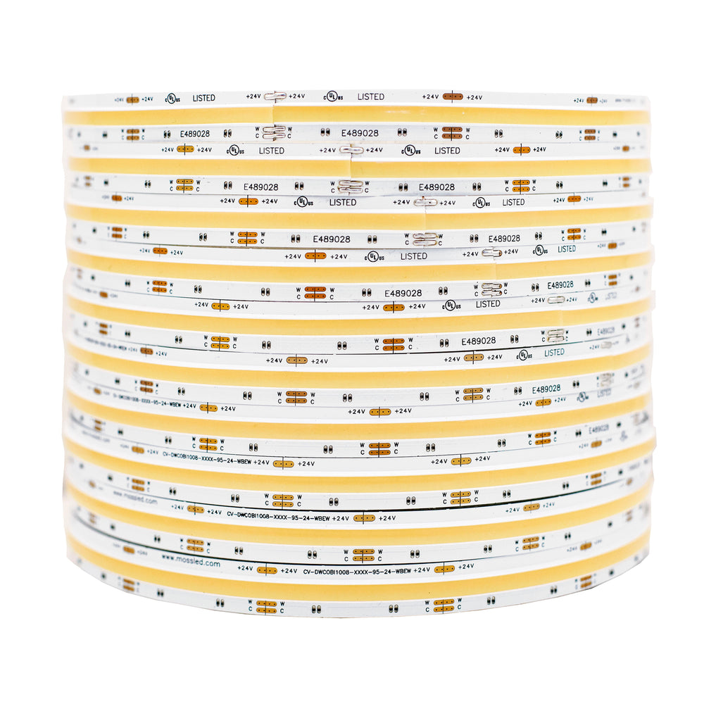 Moss LED SoftFLEX LED 1008 Dynamic White 24V large coiled reel of COB LED strip on white PCB and white background