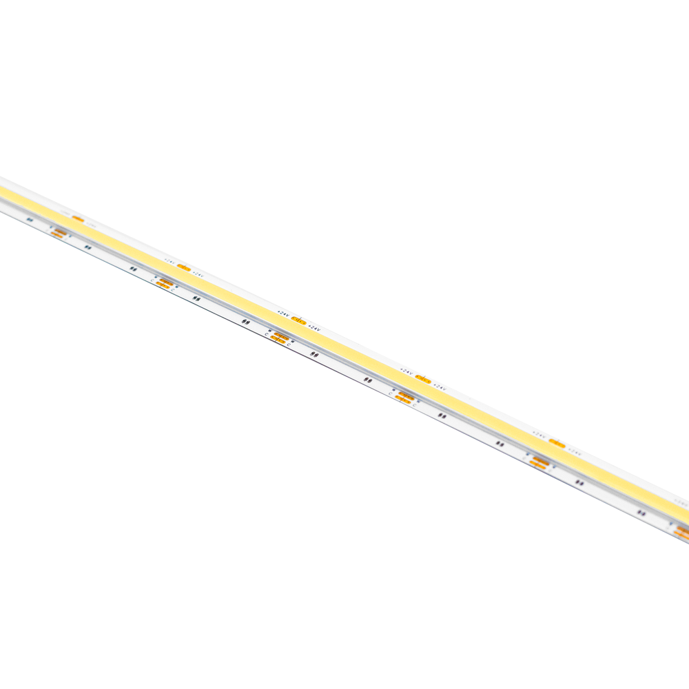 Moss LED SoftFLEX LED 1008 Dynamic White 24V COB LED strip shown at diagonal angle on white PCB and white background