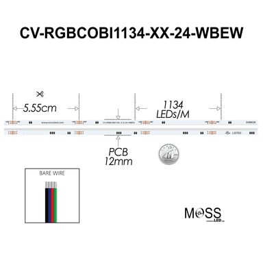 Moss LED SoftFLEX LED 1134 RGB 24V spec diagram 1134 LEDs per meter 5.55cm cut interval 12mm PCB bare wire