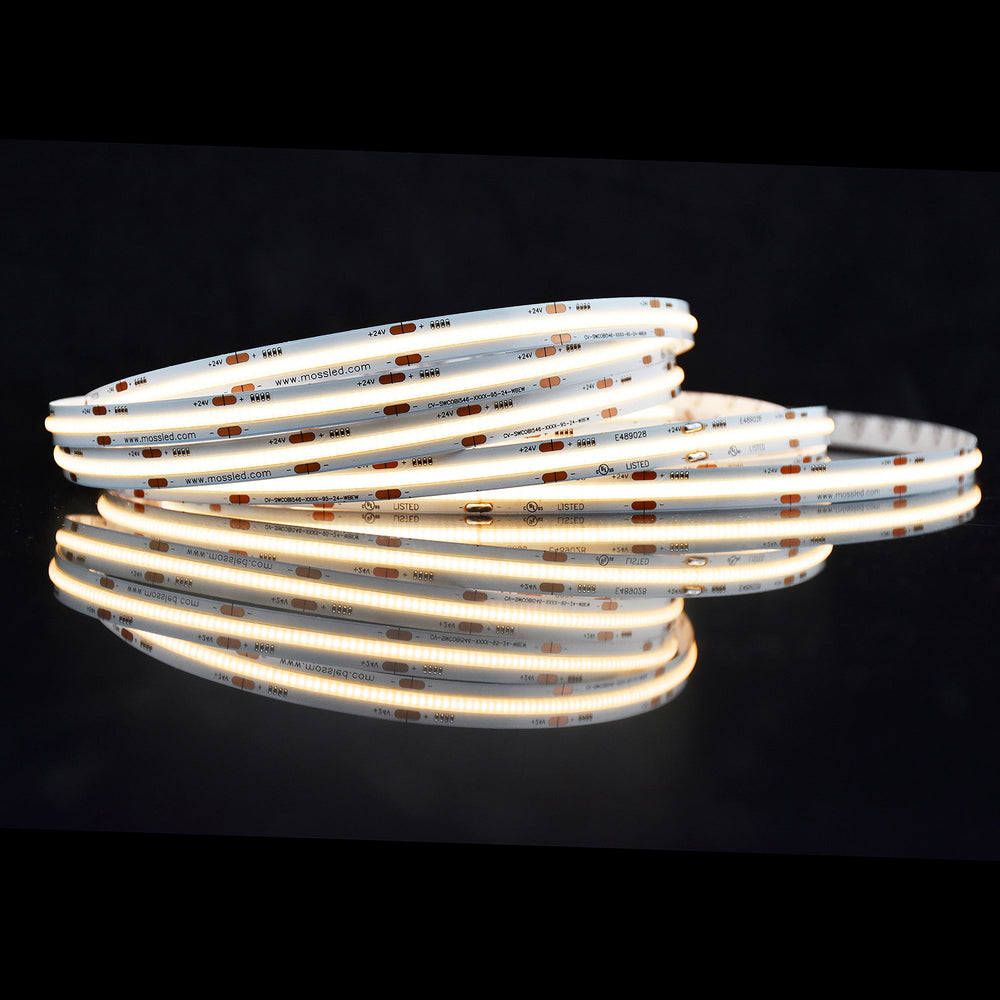 Moss LED SoftFLEX LED 546 2700K 24V COB lit coiled reel dark background warm white glow