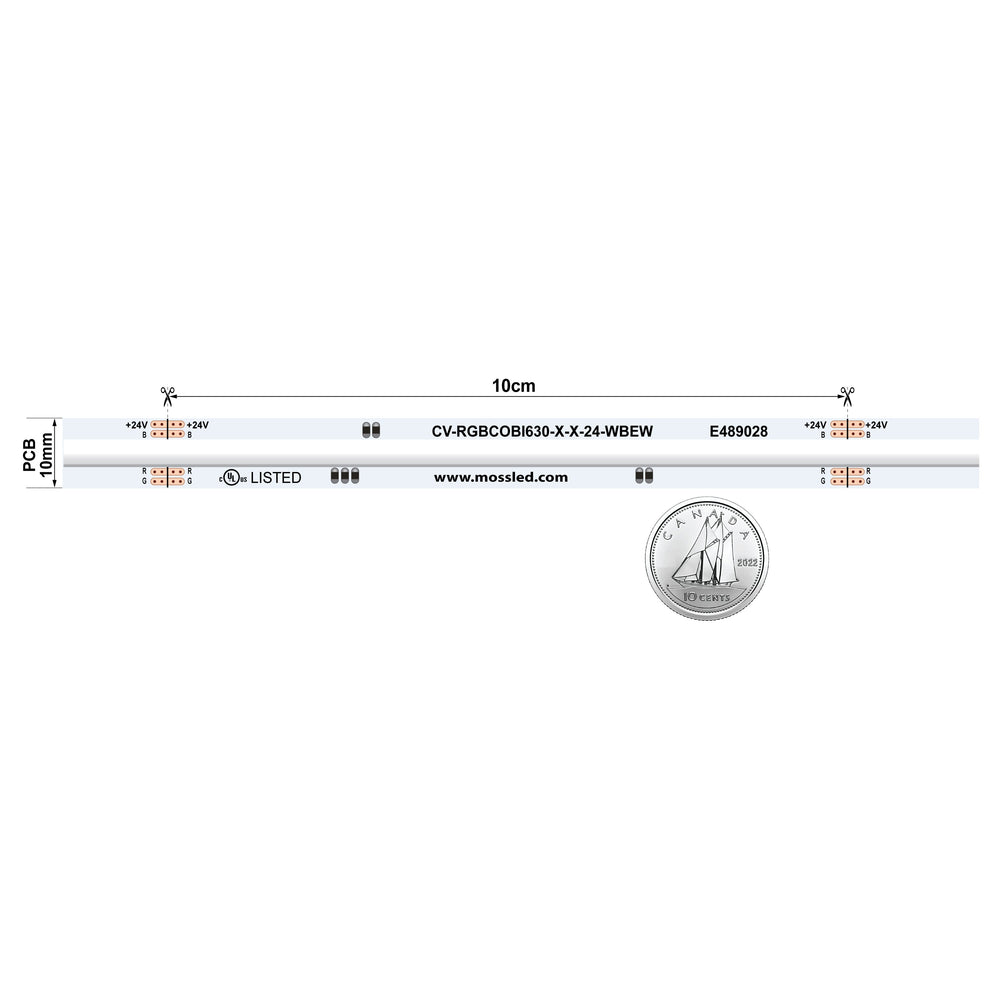 Moss LED SoftFLEX LED 630 RGB 24V 10cm cut point diagram 10mm PCB size reference with coin