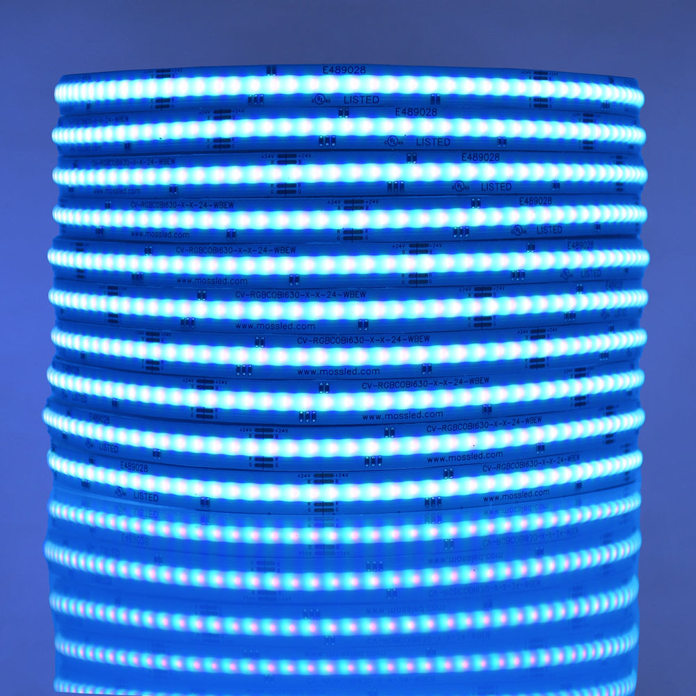 Moss LED SoftFLEX LED 630 RGB 24V illuminated coiled reel blue cyan color dark background