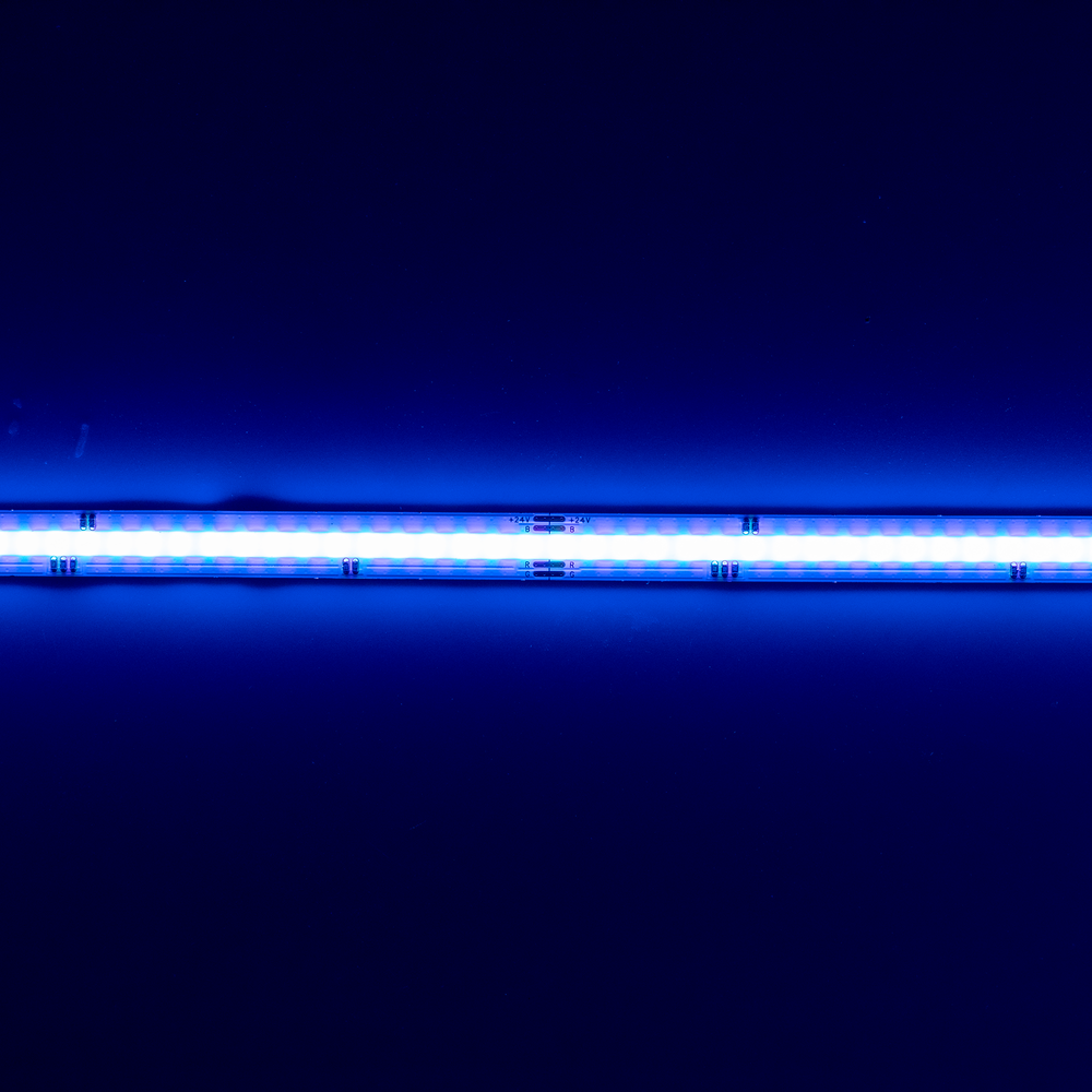 Moss LED SoftFLEX LED 630 RGB 24V illuminated flat strip close-up blue color dark background