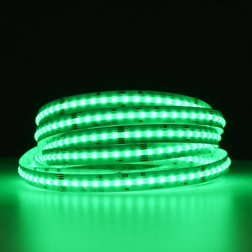 Moss LED SoftFLEX LED 700 RGB+WW+CW 24V CRI90 COB illuminated coiled reel green color dark background
