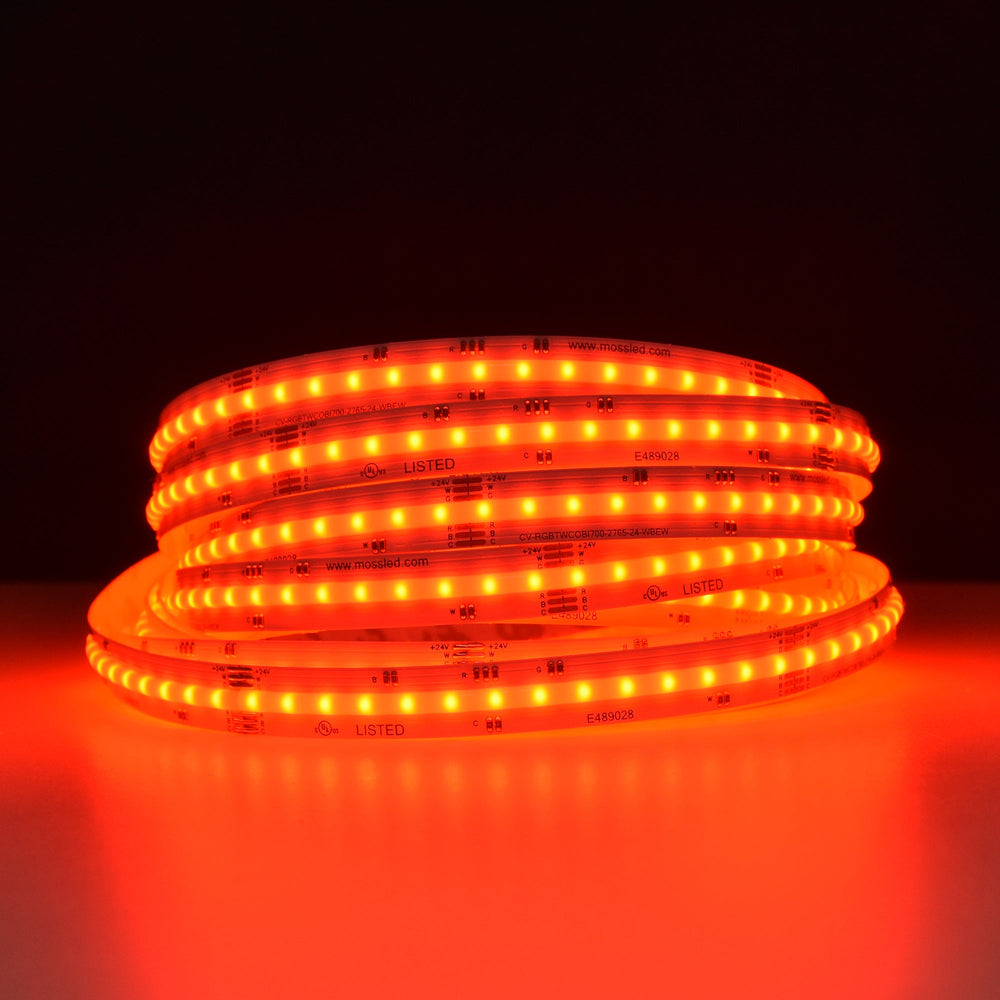 Moss LED SoftFLEX LED 700 RGB+WW+CW 24V CRI90 COB illuminated coiled reel red orange color dark background