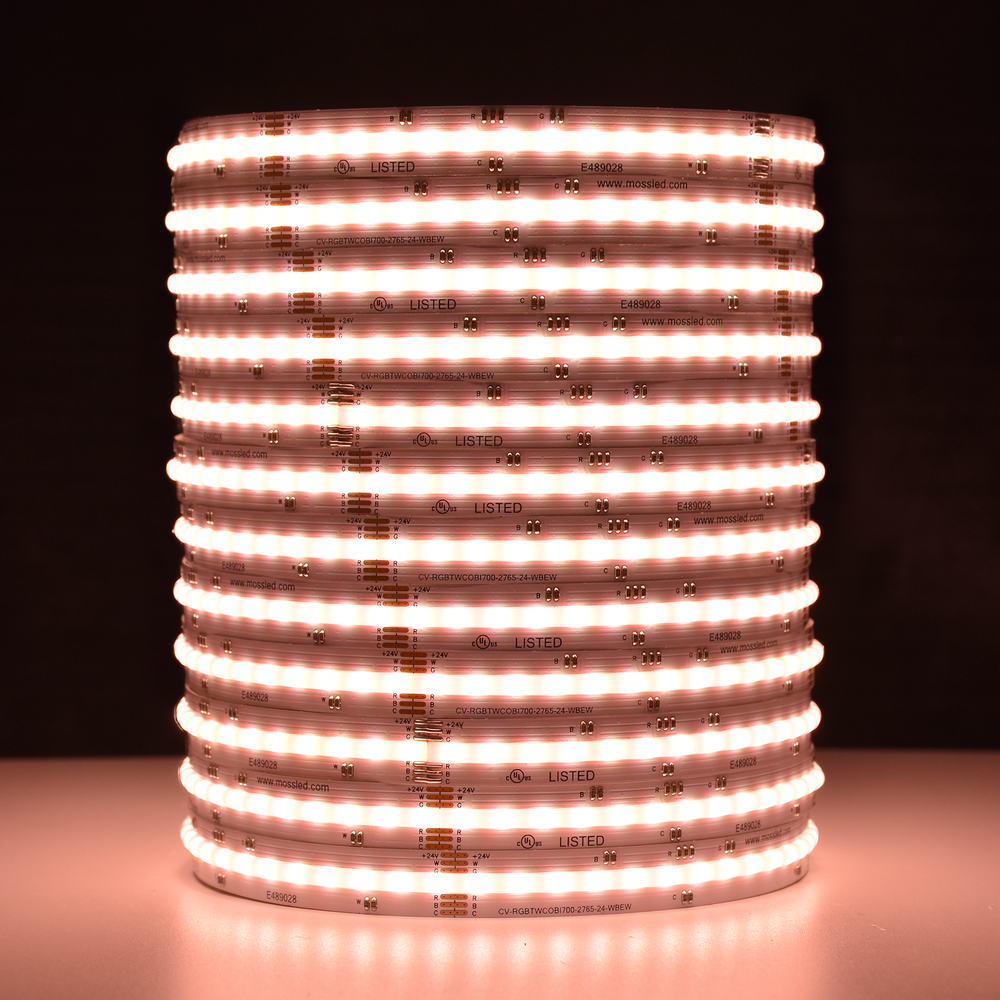 Moss LED SoftFLEX LED 700 RGB+WW+CW 24V CRI90 COB illuminated coiled reel warm white red color dark background