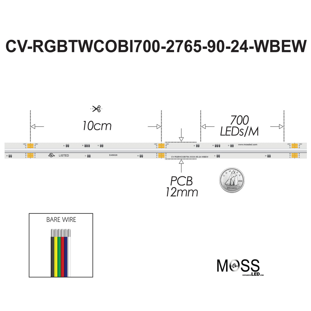 Moss LED SoftFLEX LED 700 RGB+WW+CW 24V CRI90 COB spec diagram 700 LEDs per meter 10cm cut points 12mm PCB bare wire connector