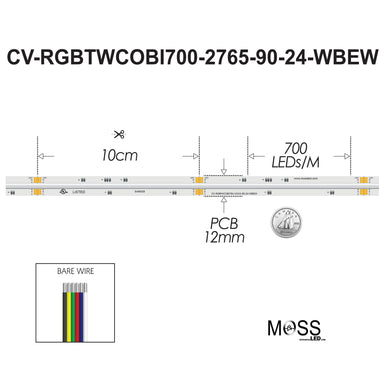 Moss LED SoftFLEX LED 700 RGB+WW+CW 24V CRI90 COB spec diagram 700 LEDs per meter 10cm cut points 12mm PCB bare wire connector