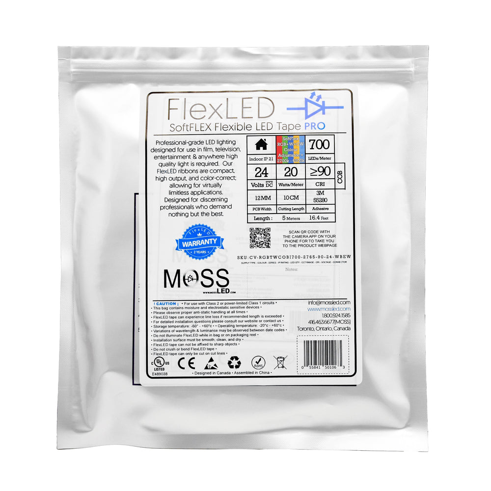 Moss LED SoftFLEX LED 700 RGB+WW+CW 24V retail packaging bag 700 LEDs per meter CRI90 COB 5 meter length