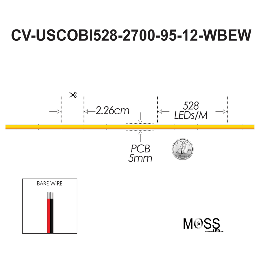 aMoss LED SoftFLEX Slim LED 528 12V spec diagram showing 2.26cm cut length 528 LEDs per metre 5mm PCB bare wire leads