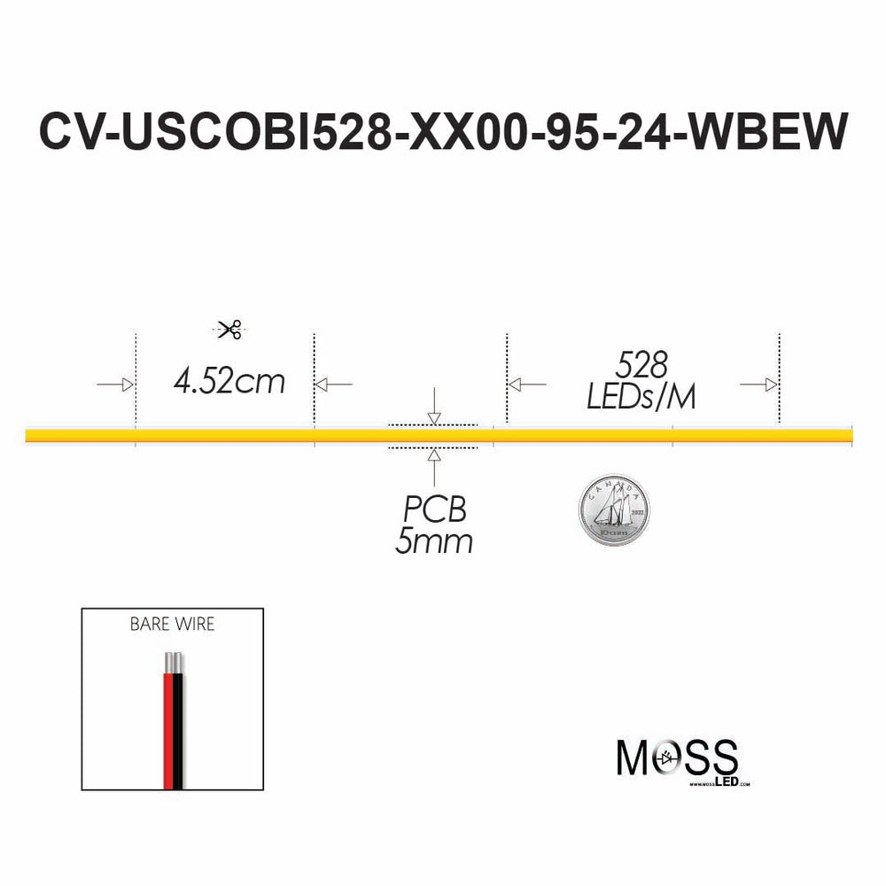 Moss LED SoftFLEX Slim LED 528 24V spec diagram showing 4.52cm cut length 528 LEDs per metre 5mm PCB bare wire leads