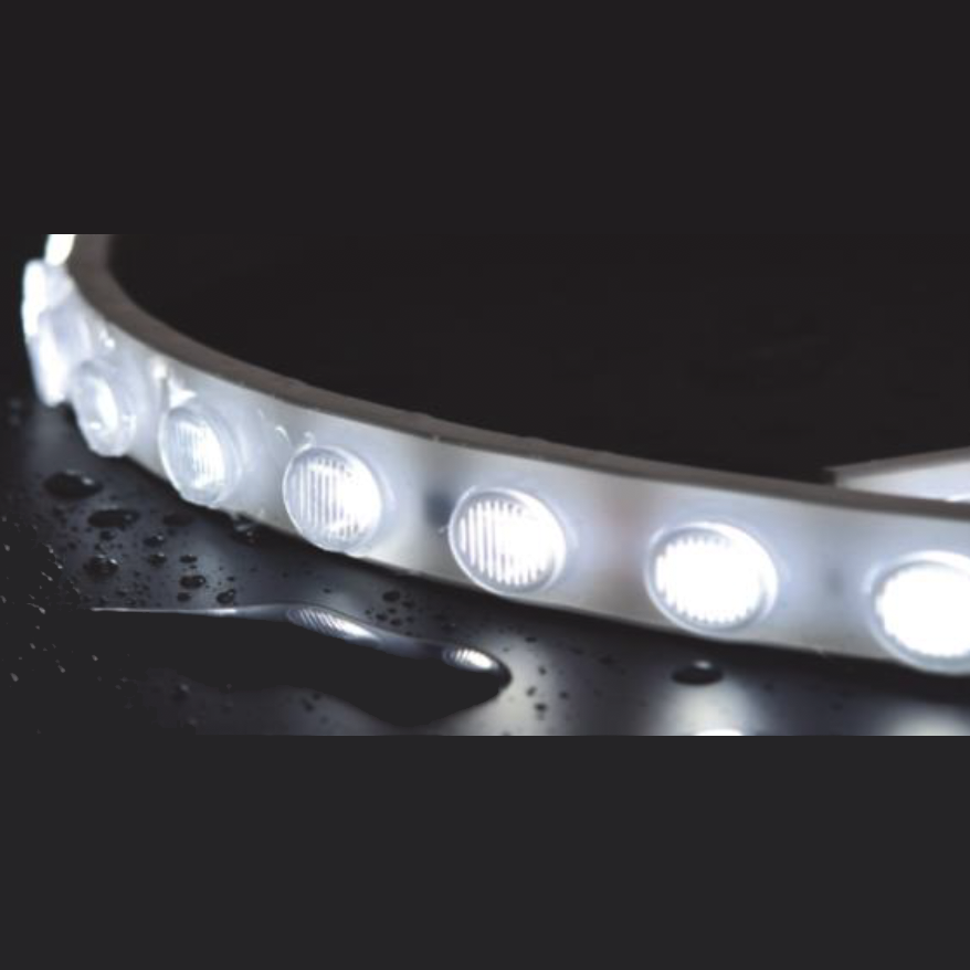 Moss LED SpotFlex LED 48 white strip light illuminated close-up showing lensed LEDs glowing bright white on dark wet surface for focused beam lighting