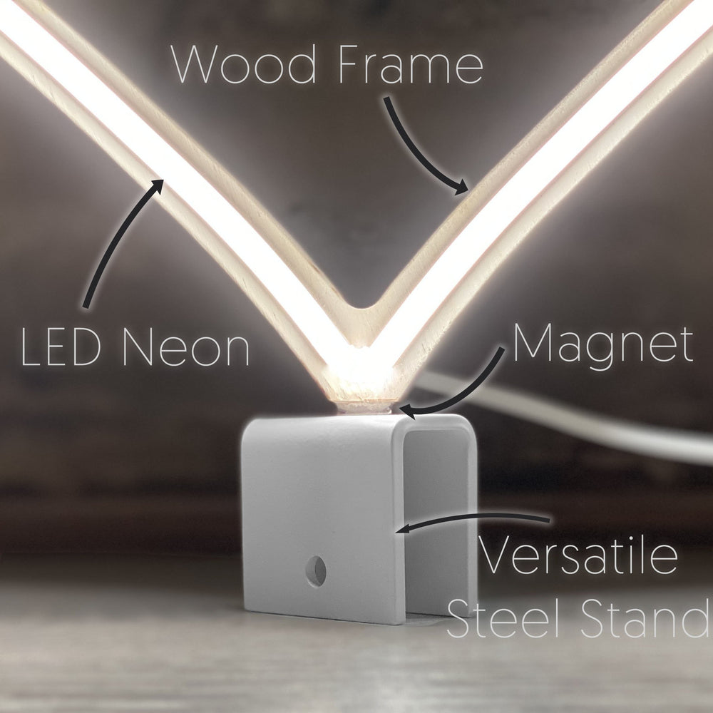 Moss LED white steel plate in use holding LED neon heart sign showing wood frame LED neon magnet attachment and versatile steel stand