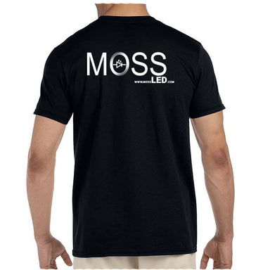 Moss LED Black Unisex T-Shirt Back View with Large MOSS LED Logo and Website, Soft Cotton Fitted Tee
