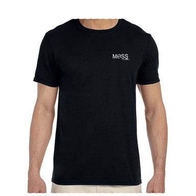 Moss LED Black Unisex T-Shirt Front View with MOSS Logo, Soft Cotton Fitted Tee for Film and Television Crew
