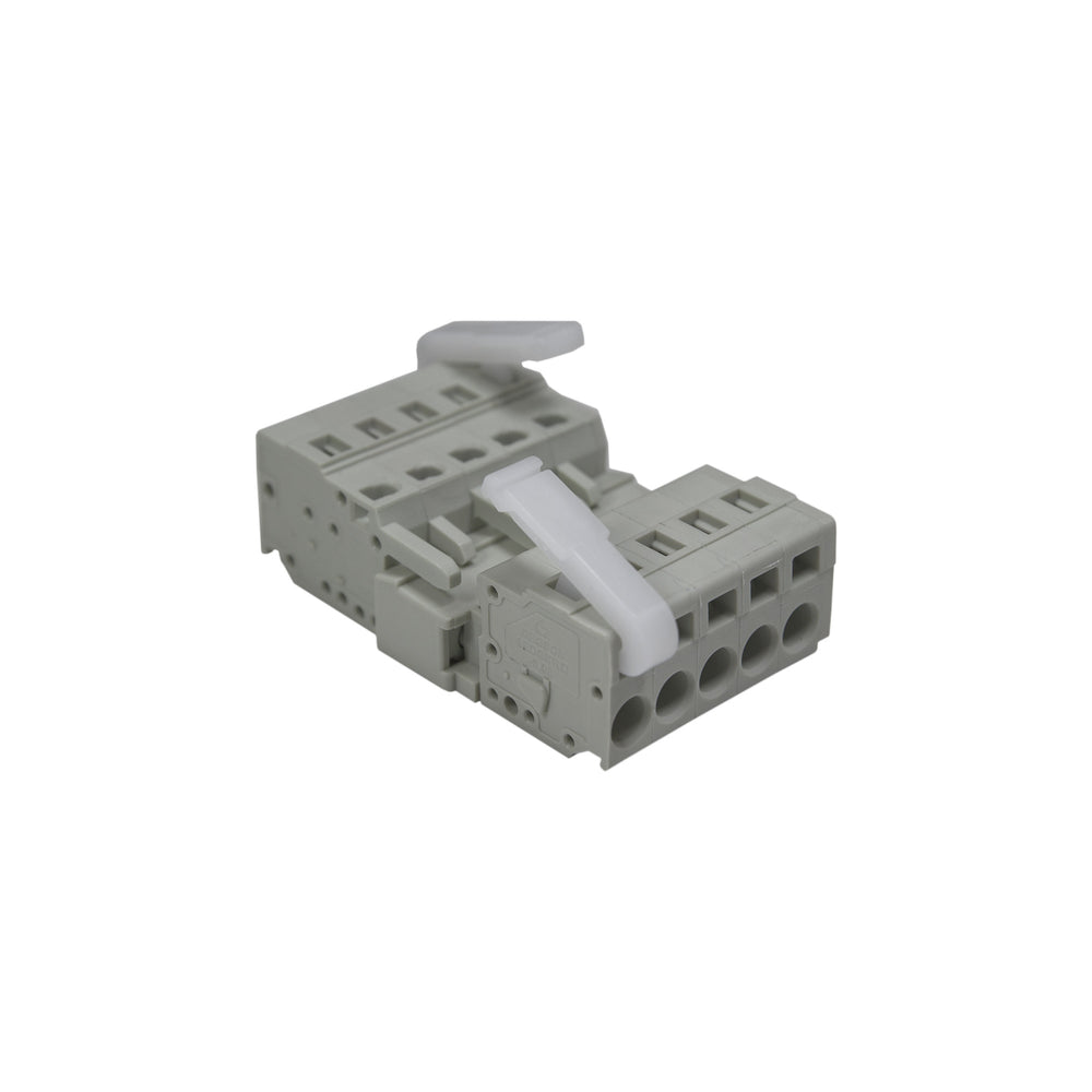 Angle view of MossLED 5-position pluggable quick release terminal block connector showing locking lever mechanism