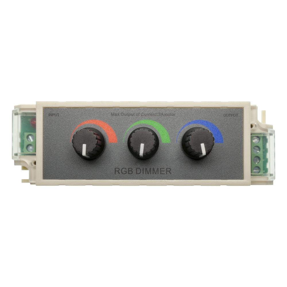 Moss LED three channel RGB rotary dimmer top front view with three large black knobs featuring red green and blue color rings, DC input and RGB output green terminal blocks on each side, max 3A per color channel