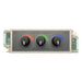 Moss LED three channel RGB rotary dimmer top front view with three large black knobs featuring red green and blue color rings, DC input and RGB output green terminal blocks on each side, max 3A per color channel