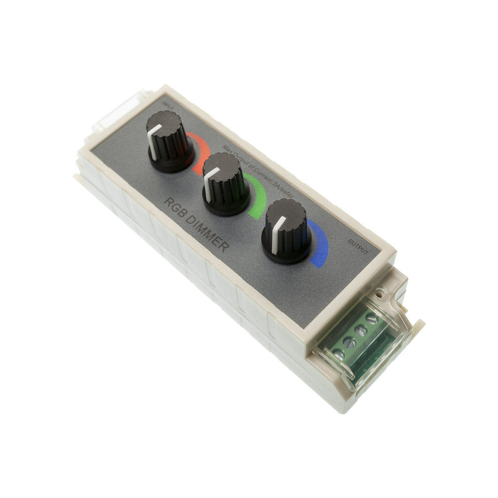 Moss LED three channel RGB rotary dimmer angled side view showing output terminal block with green connector, three black rotary knobs with red green blue color rings, white enclosure LED color controller