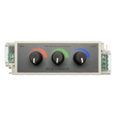 Moss LED three channel RGB rotary dimmer front view with red green and blue color-coded knobs, green terminal block connectors for DC input and RGB output, white enclosure LED controller