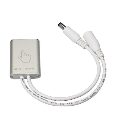 Moss LED touch dimmer with aluminum housing input output DC barrel connector cable 12V 24V on white background
