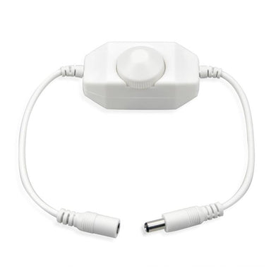Moss LED Trimline dimmer white inline rotary knob brightness controller for 12V 24V LED strips with DC barrel connectors on white background