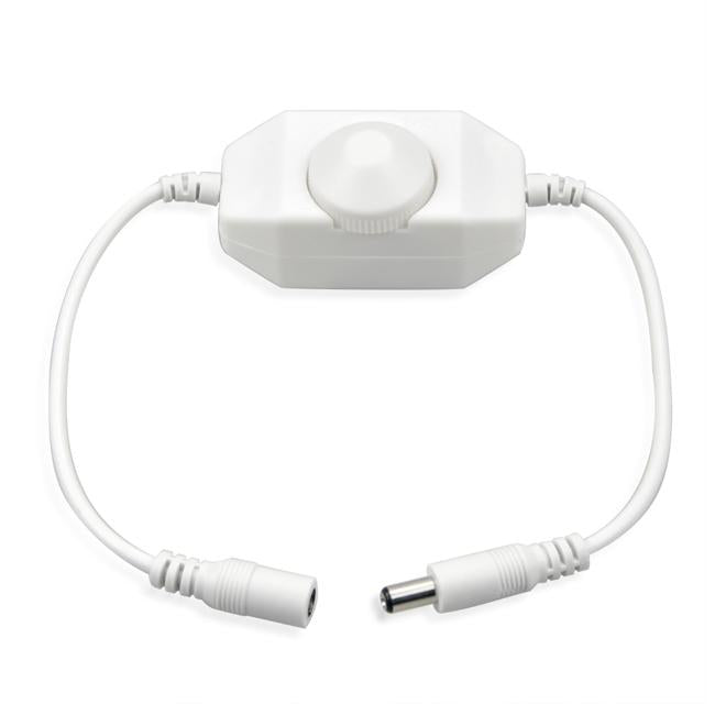 Moss LED Trimline dimmer white inline rotary knob brightness controller for 12V 24V LED strips with DC barrel connectors on white background