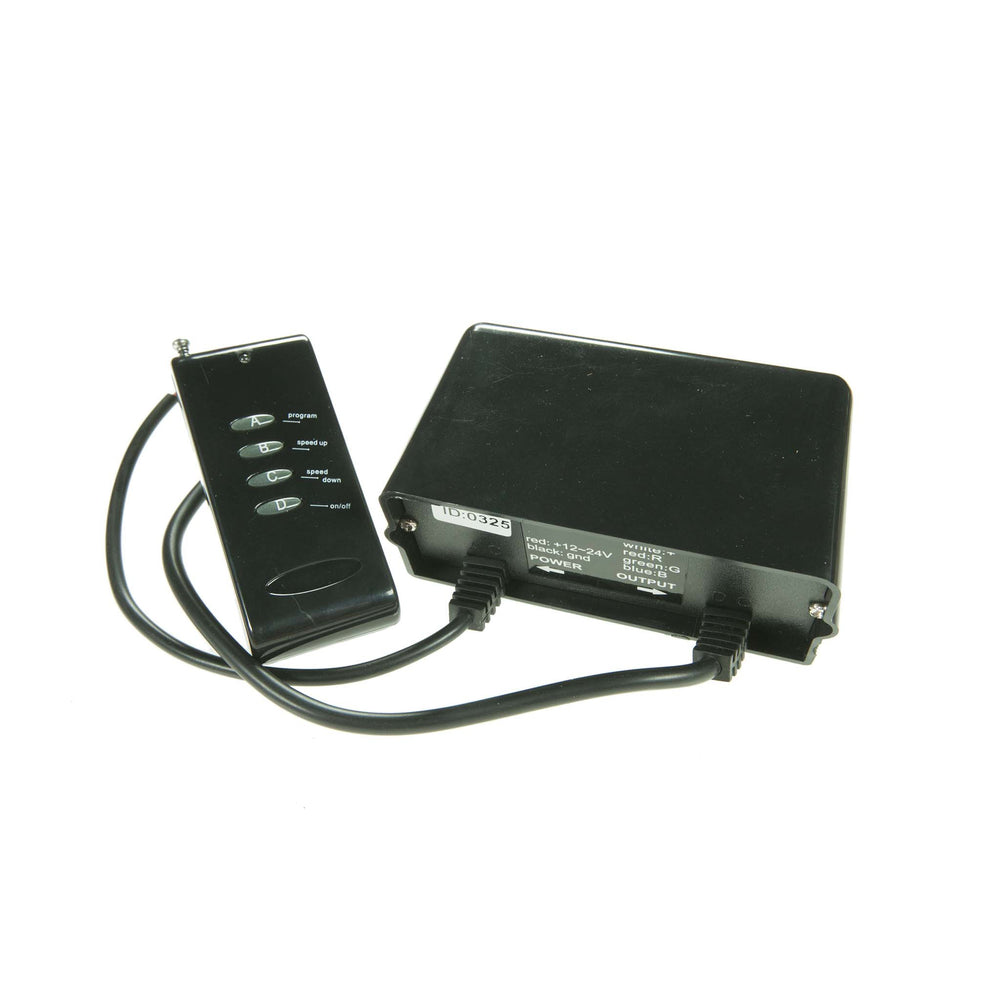 Moss LED Trimline RGB wireless controller with handheld remote control black enclosure for RGB LED strip color selection and chase effects on white background