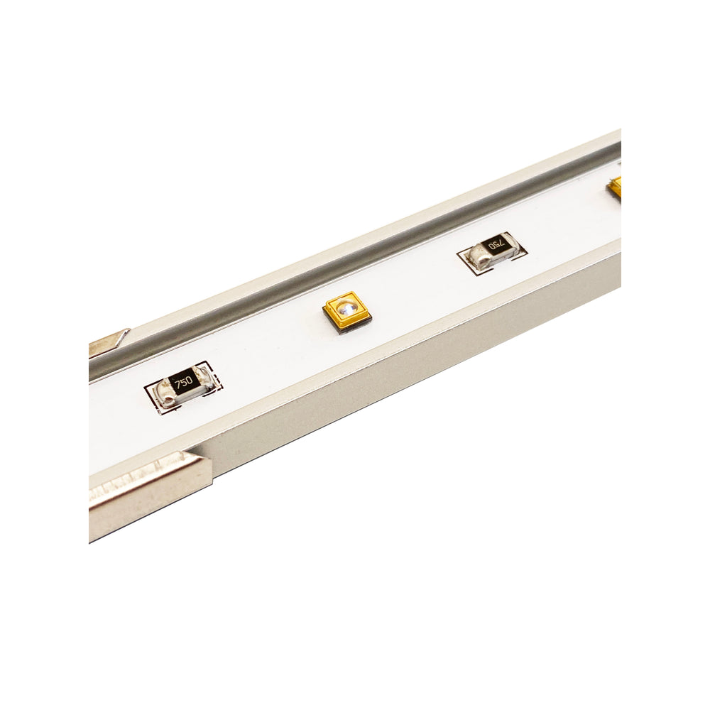 Moss LED UV-C LED bar close-up in aluminum channel showing UV-C LED chips, SMD components, and PCB detail