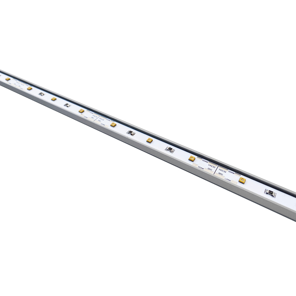 Moss LED UV-C LED bar in aluminum channel full length view showing 265nm UV-C LEDs on white PCB for surface disinfection