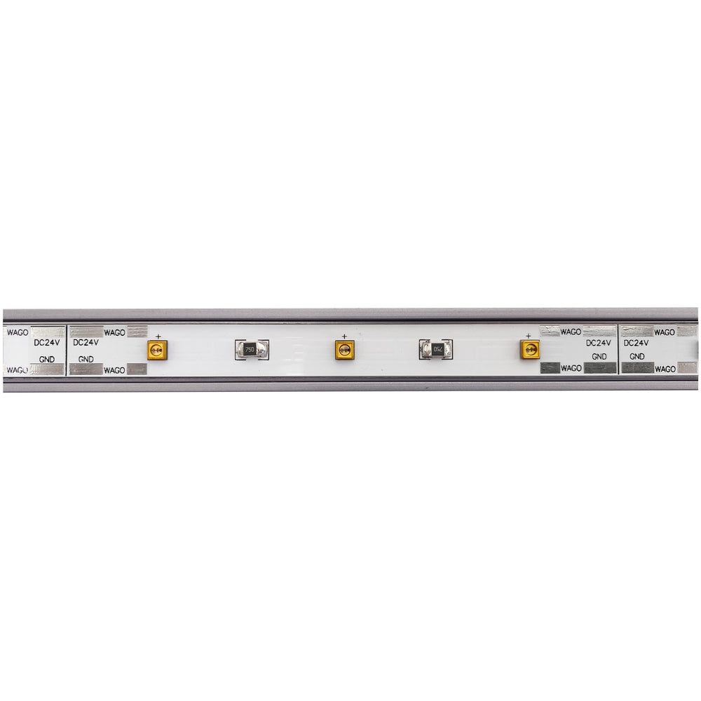 Moss LED UV-C LED bar top view showing PCB with UV-C LEDs, WAGO connectors, and DC24V power input for daisy-chaining