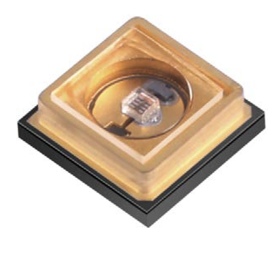 UV-C 265nm LED chip close-up in gold ceramic SMD package used in Moss LED UV-C LED bar for germicidal disinfection