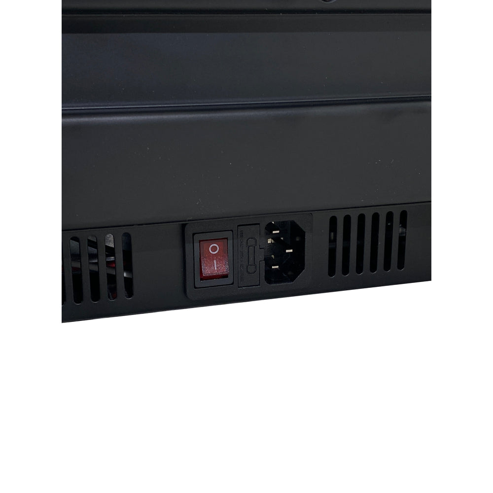 Moss LED UV-C Pivot close-up of red rocker power switch, IEC power inlet, and ventilation slots on rear panel