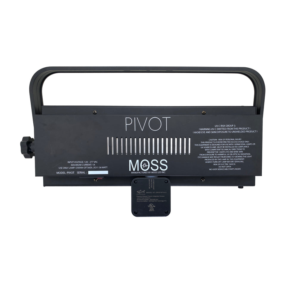 Moss LED UV-C Pivot disinfection fixture back view showing PIVOT and MOSS branding, ventilation slots, and power connector
