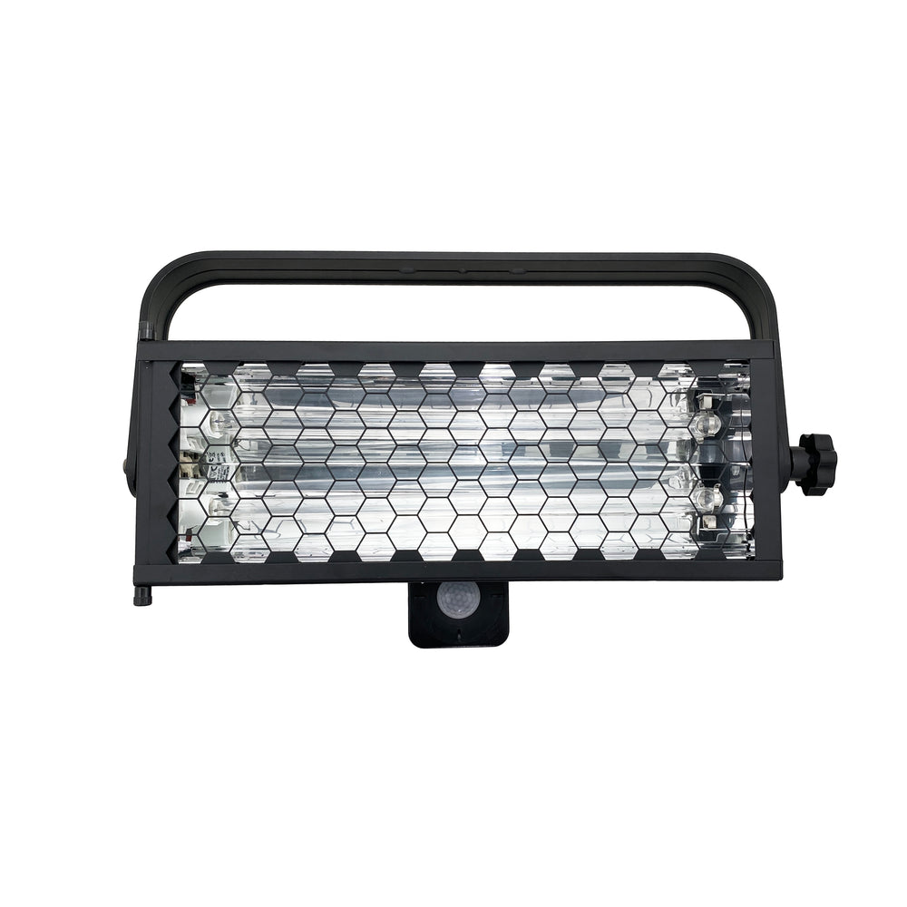 Moss LED UV-C Pivot disinfection fixture front view with honeycomb grid, dual germicidal tubes, carry handle, and motion sensor