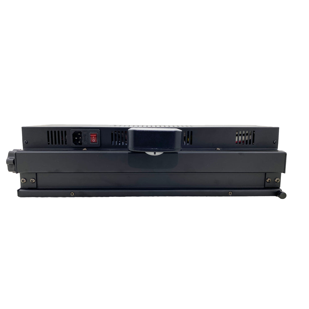 Moss LED UV-C Pivot disinfection fixture power side view showing IEC power inlet, red power switch, and ventilation slots