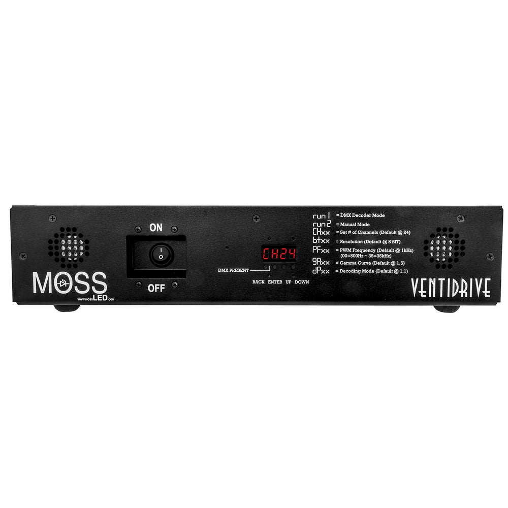 Moss LED VentiDrive 24-channel LED dimmer front panel straight view showing ON OFF switch CH24 digital display DMX function modes and VENTIDRIVE branding black finish