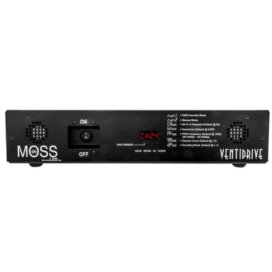 Moss LED VentiDrive 24-channel LED dimmer front panel straight view showing ON OFF switch CH24 digital display DMX function modes and VENTIDRIVE branding black finish