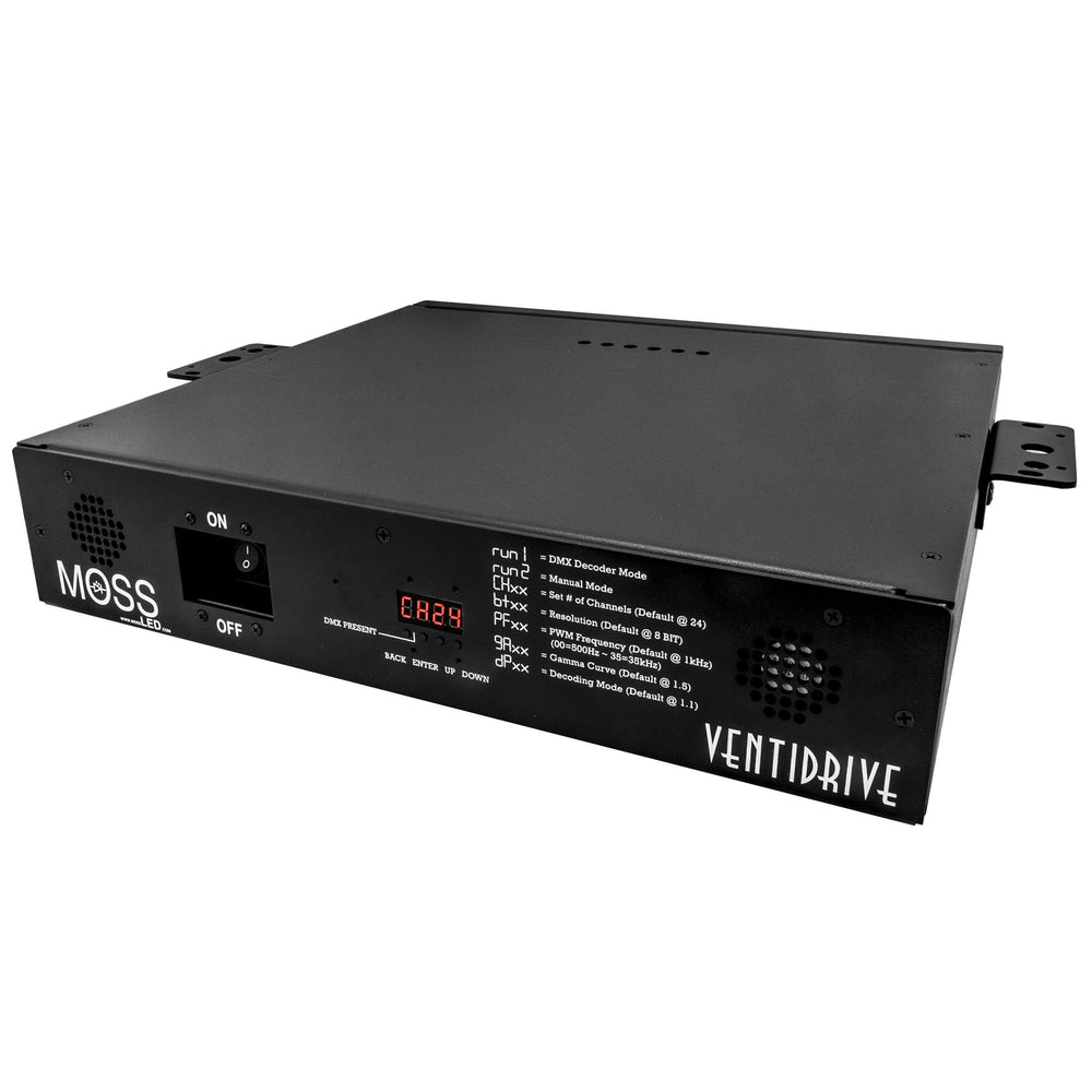 Moss LED VentiDrive 24-channel LED dimmer 2U rackmount chassis front panel with digital display DMX controls and ventilation fans black finish