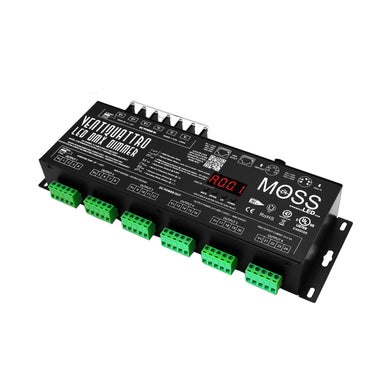 Moss LED VentiQuattro 24-channel DMX LED dimmer angled perspective view showing green terminal output connectors, mounting brackets, and digital display