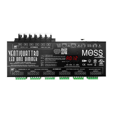 Moss LED VentiQuattro 24-channel DMX LED dimmer front view showing digital display, green terminal output blocks, DC power input, and DMX control connections