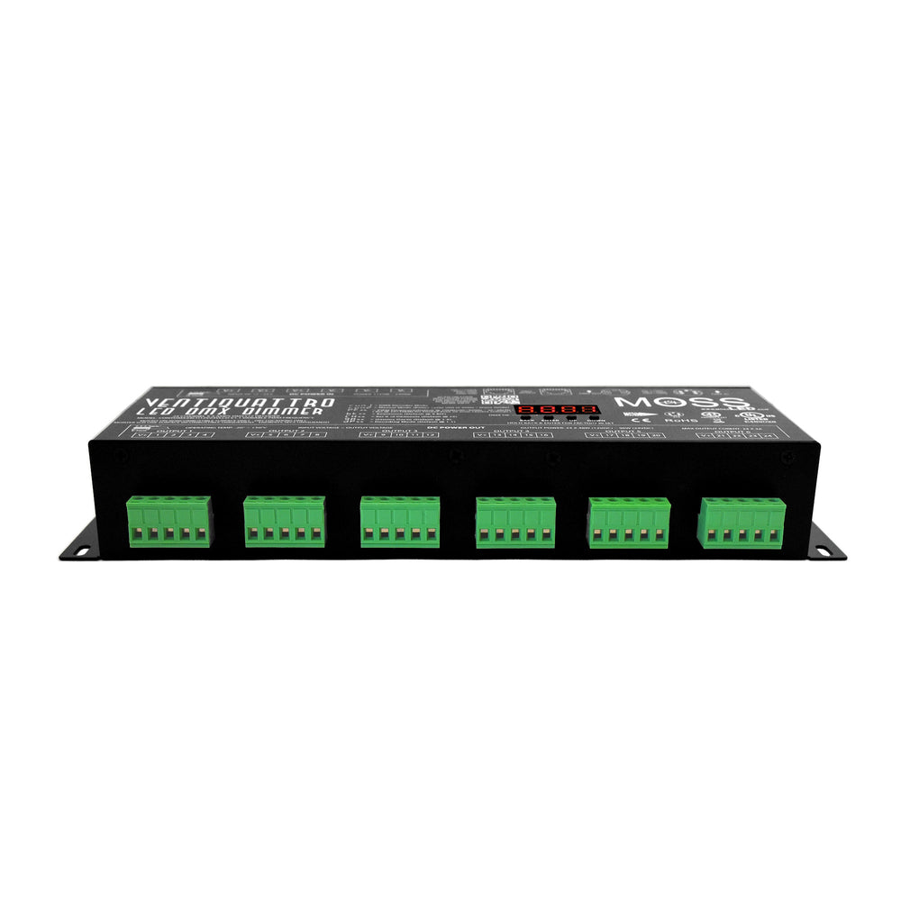 Moss LED VentiQuattro 24-channel DMX LED dimmer front view showing six green screw terminal output blocks for 24 channels of LED strip connection